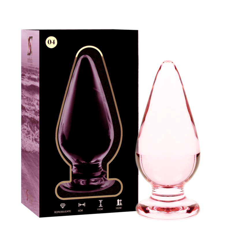 Boite Nebula Series et plug anal en verre borosilicate rose forme goutte cote a cote, pointe effilee et base annelee, modele lisse 11 cm pour montee progressive.