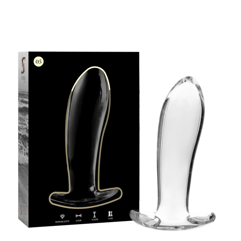 Boite Nebula Series et plug anal en verre borosilicate transparent courbe cote a cote, tete arrondie et base plate ergonomique, modele lisse non poreux a nettoyer.
