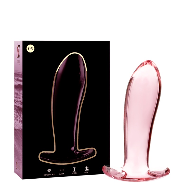 Boite Nebula Series et plug anal en verre borosilicate rose courbe cote a cote, tete arrondie et base plate recourbee, modele lisse 12,5 cm pour un confort doux.