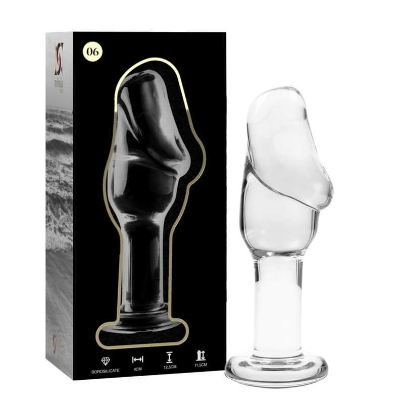 Boite Nebula Series et plug anal en verre borosilicate transparent tete galbee cote a cote, tige fine et base perlee, modele lisse non poreux facile a nettoyer.