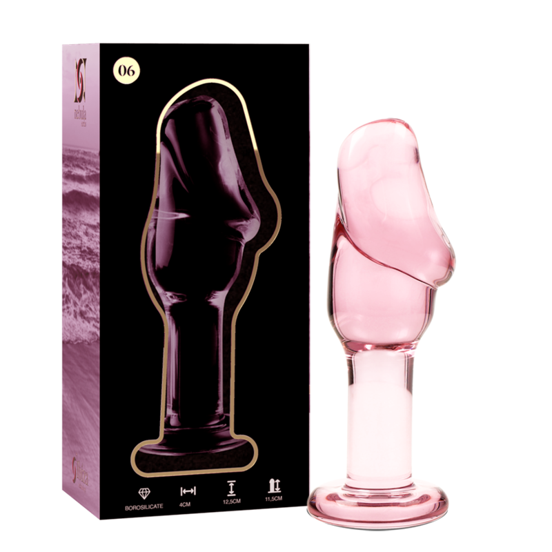 Boite Nebula Series et plug anal en verre borosilicate rose tete galbee cote a cote, tige fine et base perlee, modele lisse 12,5 cm au jeu de temperature doux.