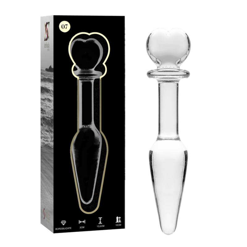 Boite Nebula Series et gode anal en verre borosilicate transparent double embout cote a cote, bille perlee et pointe conique, modele lisse non poreux a nettoyer.