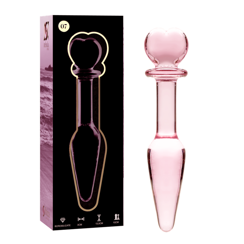 Boite Nebula Series et gode anal en verre borosilicate rose double embout cote a cote, bille perlee et pointe conique, modele lisse 13,5 cm au jeu de temperature.