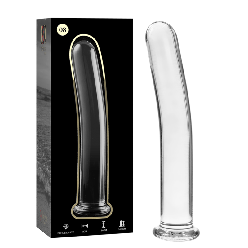 Boite Nebula Series et gode fin en verre borosilicate transparent cote a cote, tige incurvee et base evasee, modele lisse non poreux pour stimulation vaginale precise.
