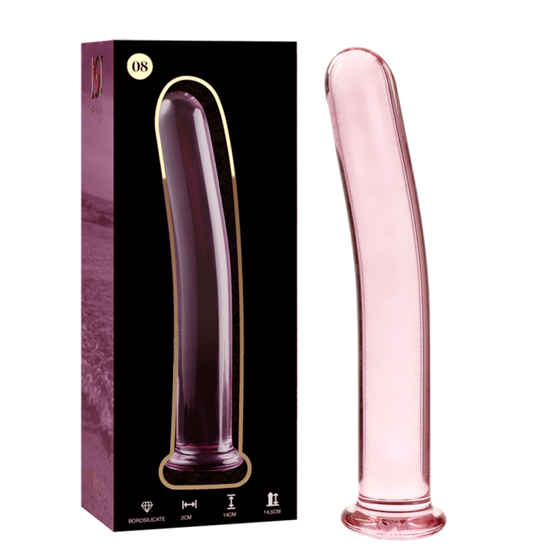 Boite Nebula Series et gode fin en verre borosilicate rose cote a cote, tige incurvee a pointe arrondie et base ronde, modele lisse 14,5 cm pour stimulation douce.