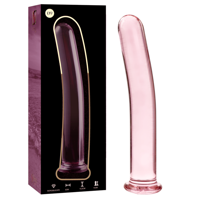 Boite violette et gode en verre borosilicate rose Nebula Series, modele lisse courbe de 15,5 cm, diametre 2,5 cm, base evasee, vue face et profil sur fond doux.