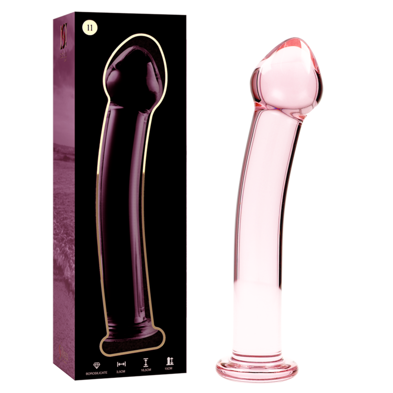 Boite et gode anal en verre borosilicate rose Nebula Series de 16,5 cm, tige courbe lisse a tete en gland et base evasee, deux coloris transparent ou rose.