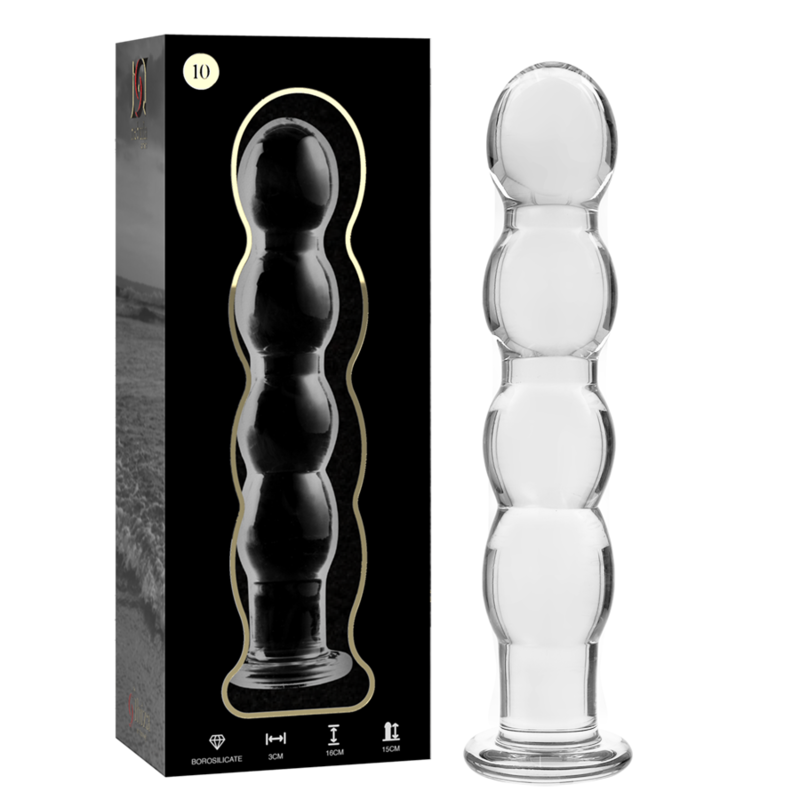Boite Nebula Series et gode chapelet en verre borosilicate transparent, billes progressives lisses et base evasee, surface non poreuse thermique, deux coloris.