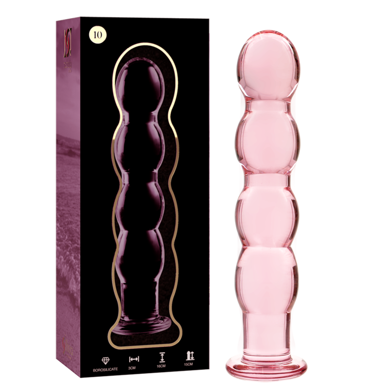 Boite violette et gode chapelet en verre borosilicate rose Nebula Series, billes empilees lisses et base evasee, surface non poreuse hygienique, deux coloris.