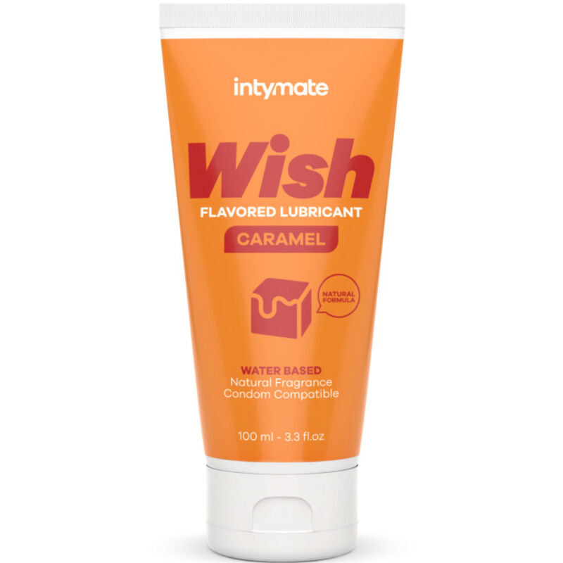 Tube orange Intymate Wish Caramel 100 ml, lubrifiant gourmand base eau saveur caramel aux extraits naturels, illustration caramels, compatible preservatifs latex, de face.