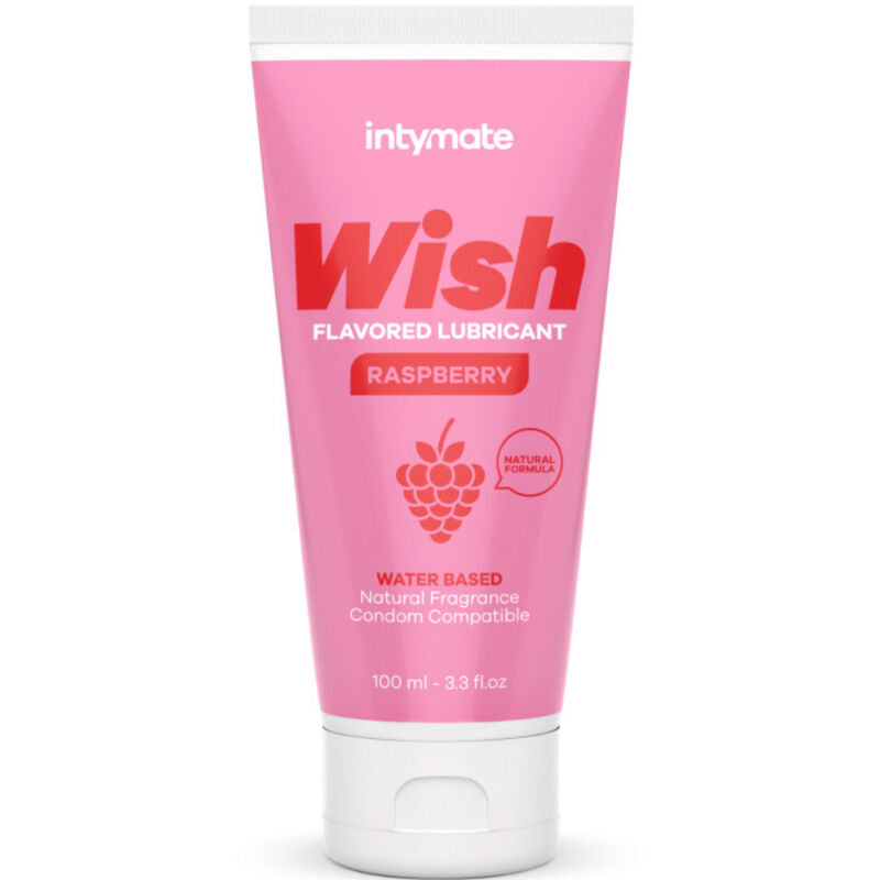 Tube rose Intymate Wish Raspberry 100 ml, lubrifiant gourmand base eau saveur framboise aux extraits naturels, illustration framboises, compatible preservatifs, de face.