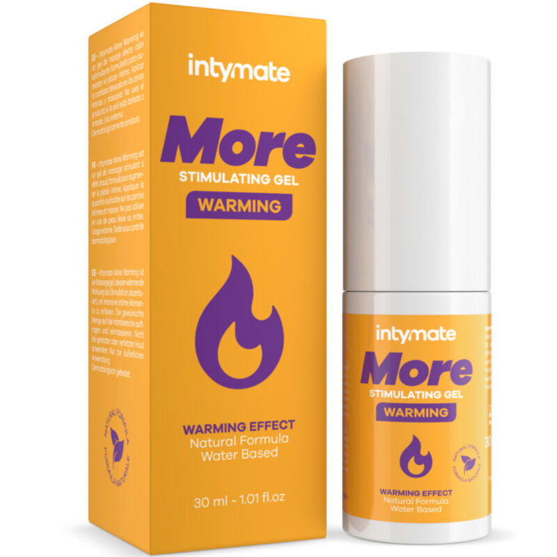 Boite jaune Intymate More Warming et flacon, gel stimulant chauffant base eau 30 ml formule naturelle, illustration flamme, effet thermique usage externe, vue de face.
