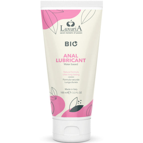 Tube Luxuria Bio Anal Lubricant de face format 100 ml, lubrifiant anal base eau formule naturelle ultra longue duree, design clair a touches roses.