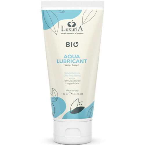 Tube Luxuria Bio Aqua Lubricant 100 ml de face, lubrifiant intime base eau formule naturelle ultra longue duree, design clair a touches bleues, usage polyvalent.