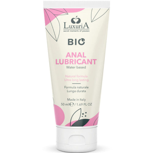 Tube Luxuria Bio Anal Lubricant rose de face, lubrifiant anal base eau formule naturelle longue duree, motif feuilles, format 50 ml made in Italy.