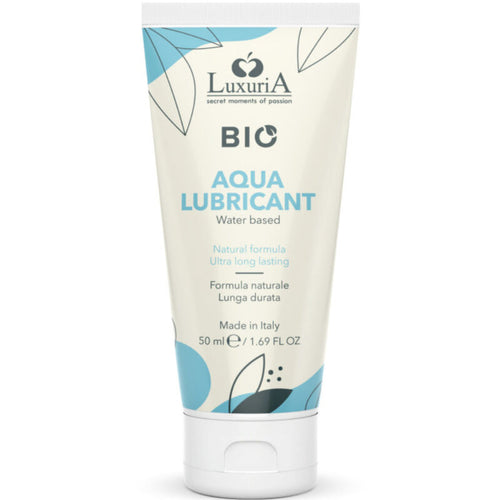 Tube Luxuria Bio Aqua Lubricant bleu de face, lubrifiant intime base eau formule naturelle longue duree, motif feuilles pastel, format 50 ml made in Italy.