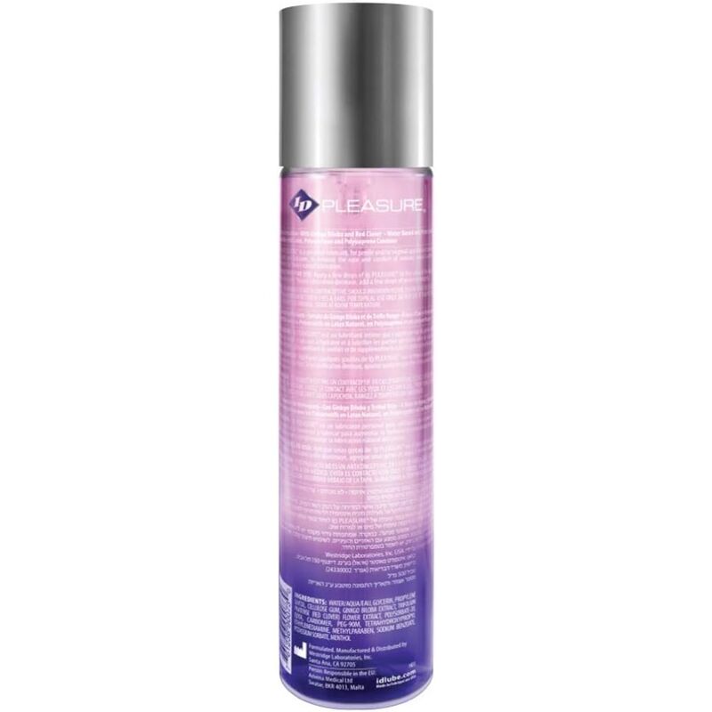 Flacon ID Pleasure degrade rose-violet de face, lubrifiant base eau a sensation picotement stimulant, formule au gingko biloba et trefle rouge