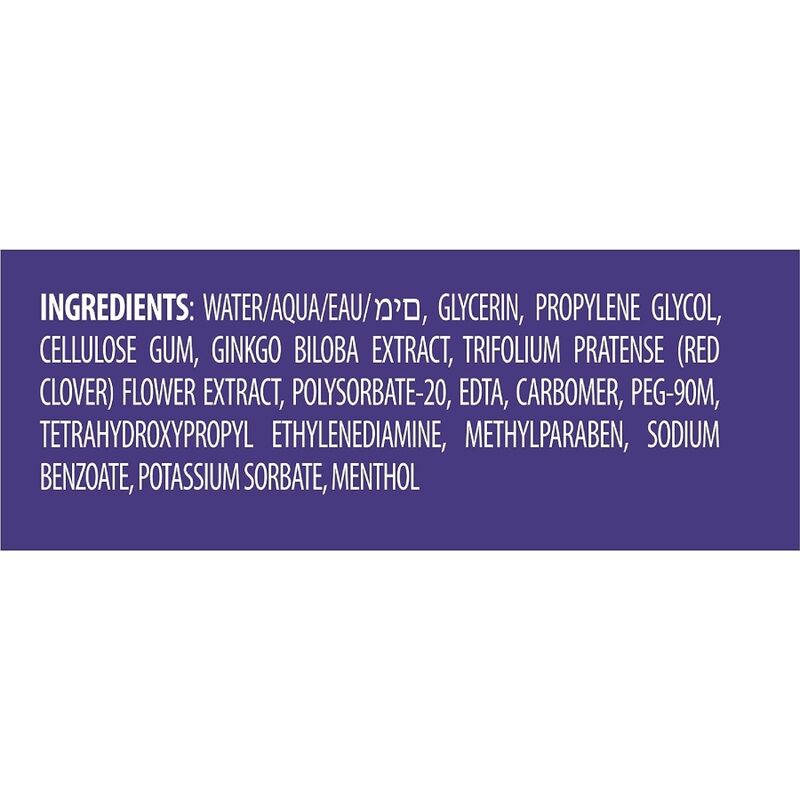 Panneau violet liste d'ingredients du lubrifiant ID Pleasure, formule base eau gingko biloba et trefle rouge, composants detailles en gros plan