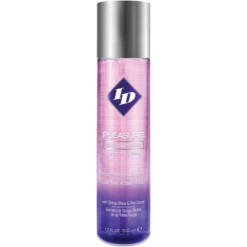 Flacon ID Pleasure degrade rose-violet en gros plan, lubrifiant base eau picotement stimulant, glisse soyeuse facile a rincer compatible preservatifs