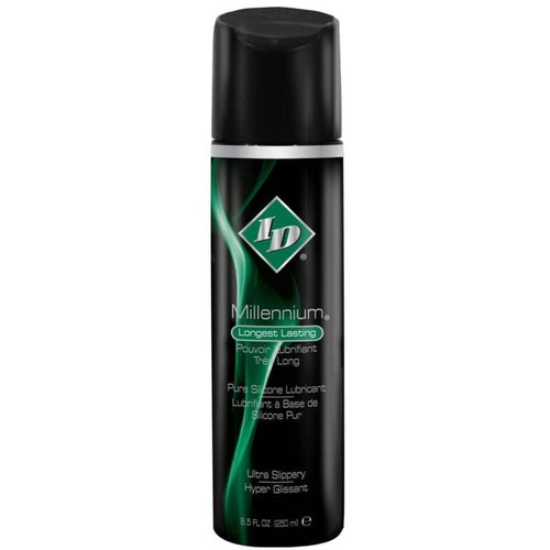 Flacon ID Millennium noir a reflets verts, lubrifiant silicone pur ultra-durable hyper glissant, etiquette longue tenue effet durable de face