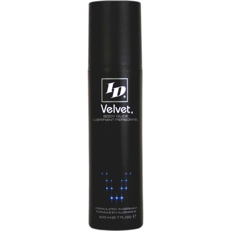 Flacon noir ID Velvet Body Glide de face, lubrifiant base silicone haut de gamme hydratant sans parfum, motif points bleus lumineux sur l'etiquette