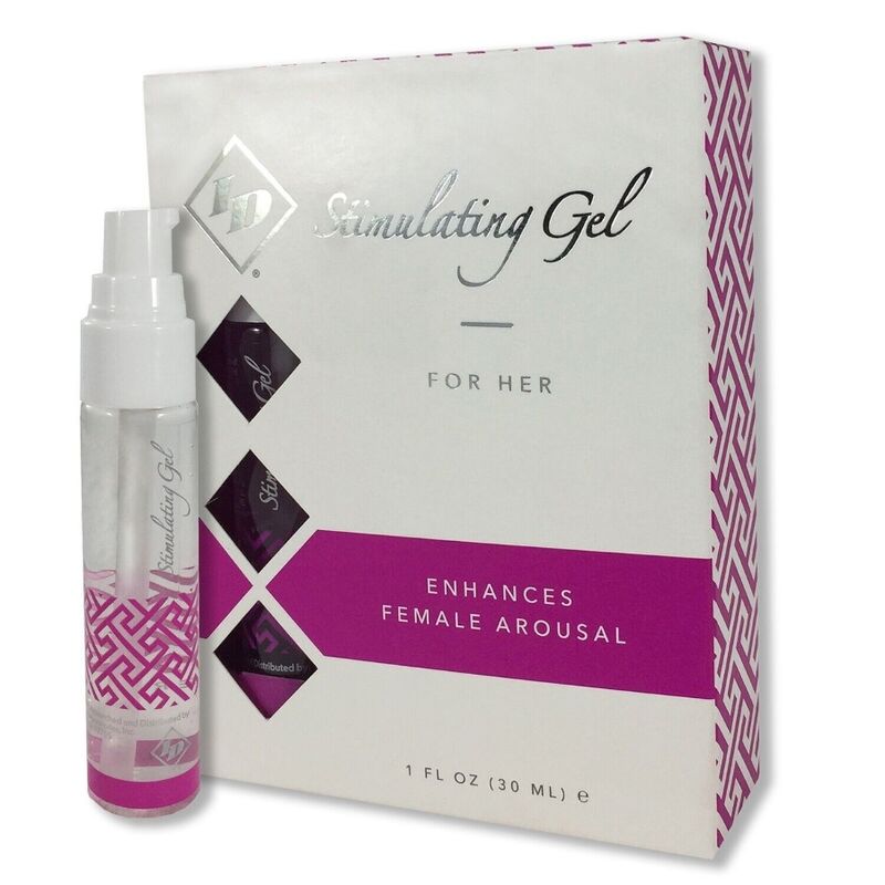Coffret ID Stimulating Gel For Her avec flacon applicateur, gel stimulant clitoridien 30 ml chauffant aphrodisiaque, boite blanche et violette de face