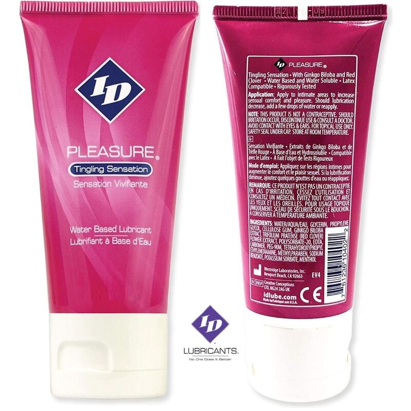 Deux tubes ID Pleasure Tingling Sensation rose, recto avec logo et verso liste d'ingredients, lubrifiant base eau a sensation vibrante stimulante
