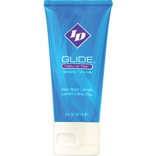 Tube ID Glide Natural Feel 60 ml bleu, lubrifiant base eau longue duree glisse soyeuse, hypoallergenique compatible preservatifs et sextoys