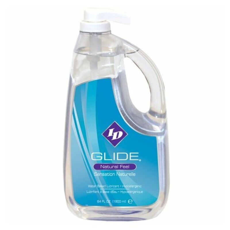 Bidon ID Glide 1900 ml a pompe et poignee, lubrifiant base eau grand format sensation naturelle, non tachant compatible preservatifs et sextoys