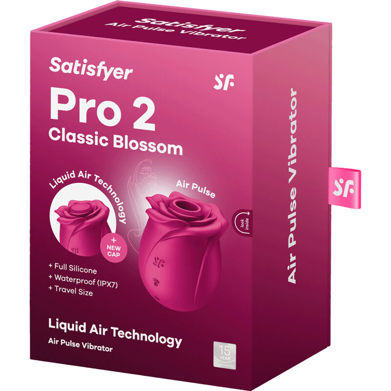 Boite rose Satisfyer Pro 2 Classic Blossom Air Pulse Vibrator avec stimulateur en forme de rose, Liquid Air Technology, waterproof IPX7 et format voyage