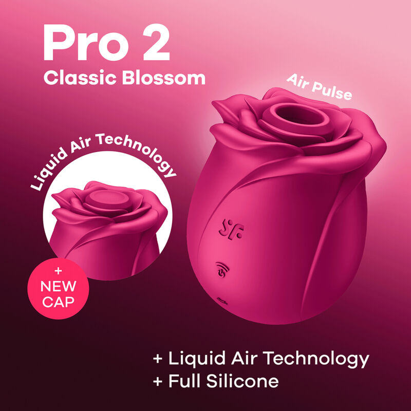 Visuel Pro 2 Classic Blossom rose en forme de rose sur fond degrade, capuchon New Cap, Liquid Air Technology et Full Silicone, stimulateur clitoridien air pulse