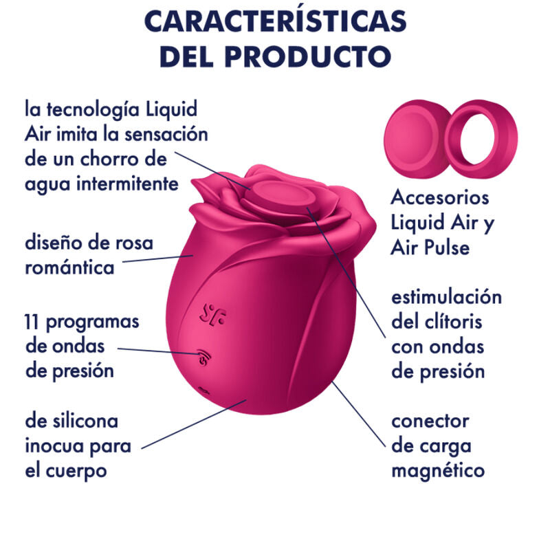 Schema en espagnol des caracteristiques du Pro 2 Classic Blossom rose, design de rose romantique, 11 programmes d'ondes de pression, charge magnetique et silicone