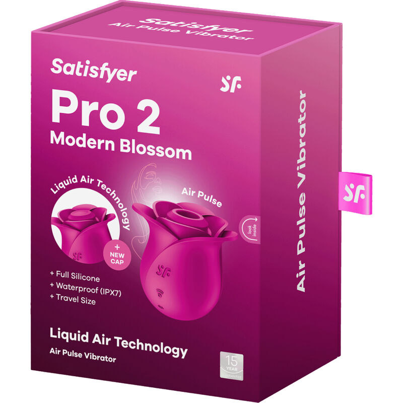 Boite rose Satisfyer Pro 2 Modern Blossom Air Pulse Vibrator avec stimulateur en forme de rose, Liquid Air Technology, waterproof IPX7 et format voyage