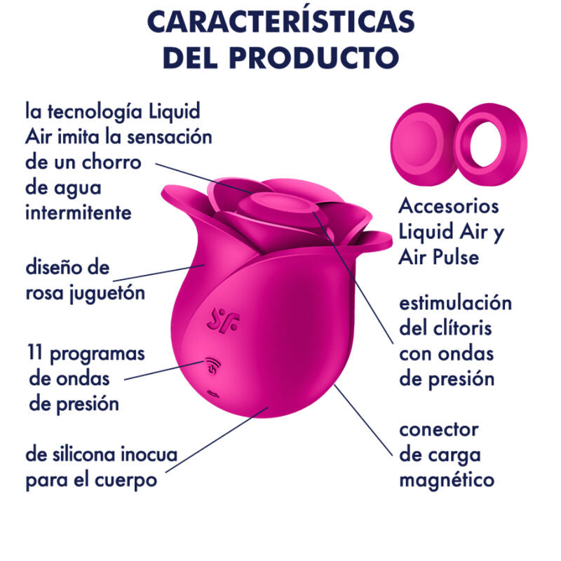 Schema en espagnol des caracteristiques du Modern Blossom rose, design de rose juguetone, 11 programmes d'ondes de pression, charge magnetique et silicone inocuo
