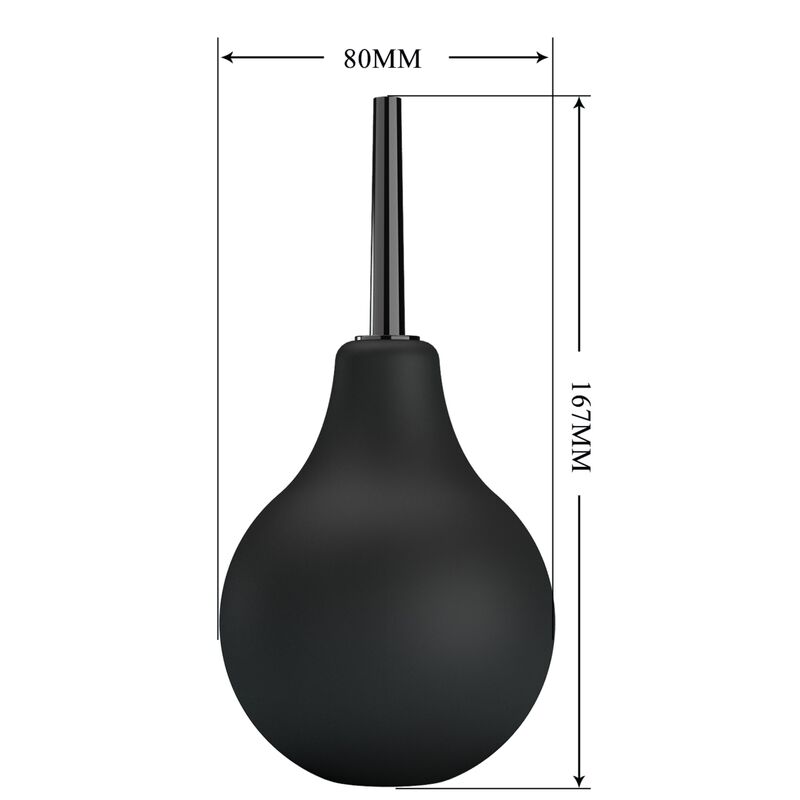 Schema cote de la douche anale Mr Play noire : hauteur totale 167 mm et buse 80 mm, poire souple de 224 ml, accessoire d'hygiene intime avant les jeux anaux.