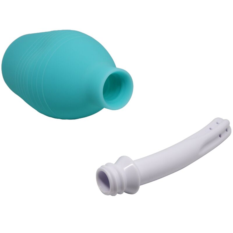 Poire de lavement Mr Play turquoise avec buse amovible blanche detachee, ouverture de remplissage de l'ampoule visible, accessoire d'hygiene intime facile a nettoyer.