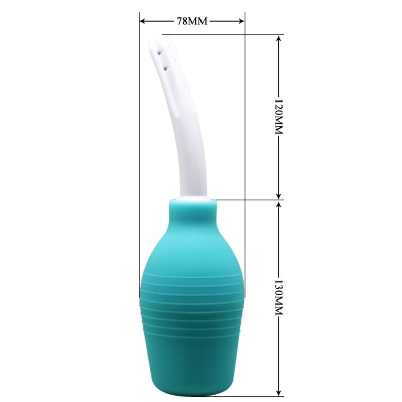 Schema cote de la poire de lavement Mr Play turquoise : buse de 120 mm et ampoule de 130 mm pour 78 mm de large, accessoire d'hygiene intime avant les jeux anaux.
