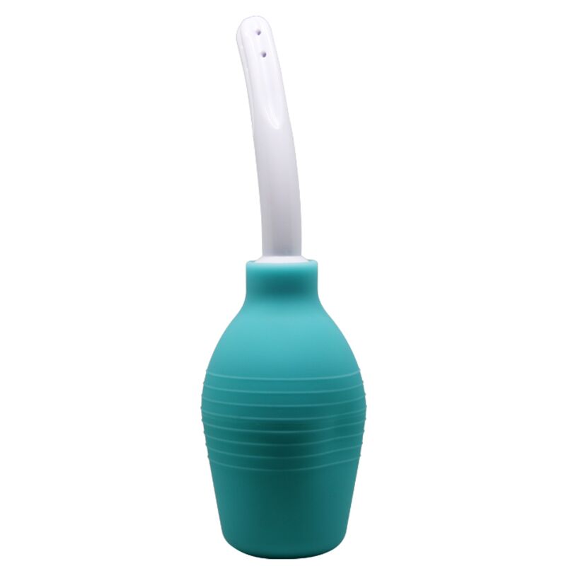 Poire de lavement anale Mr Play turquoise vue debout, ampoule cannelee a presser et buse fine recourbee, accessoire d'hygiene intime pour preparer la zone anale.