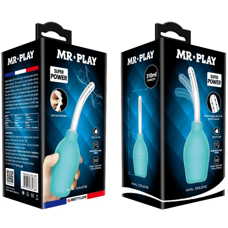 Boite Mr Play Super Power de la douche anale turquoise, packaging noir et bleu illustrant la poire souple 310 ml et ses pictogrammes easy to use medium non-toxic rubber.