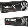 Boite et tube TauriX special creme de soin active homme Joydivision, packaging noir avec photo de buste masculin nu en arriere-plan, creme intime a appliquer en externe