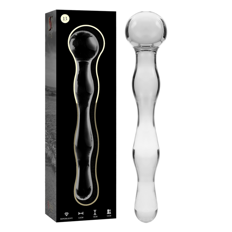 Boite noire et gode double en verre borosilicate transparent Nebula Series, sphere lisse et renflements arrondis, tige droite, surface non poreuse facile a nettoyer.