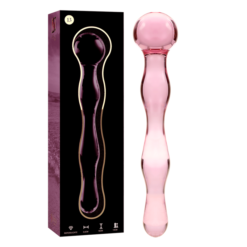 Boite et gode double en verre borosilicate rose Nebula Series, grosse sphere lisse et renflements arrondis, tige droite, vue face et profil, matiere non poreuse thermique.