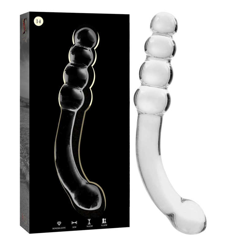 Boite noire et gode courbe en verre borosilicate transparent Nebula Series de 18,5 cm, manche a billes lisses et tete arrondie, surface non poreuse facile a nettoyer.