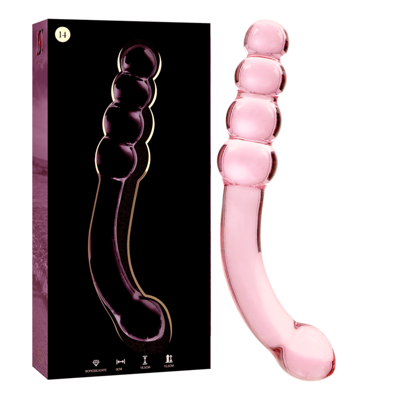 Boite violette et gode courbe en verre borosilicate rose Nebula Series de 18,5 cm, manche a billes lisses et tete arrondie, vue face et profil, matiere non poreuse.