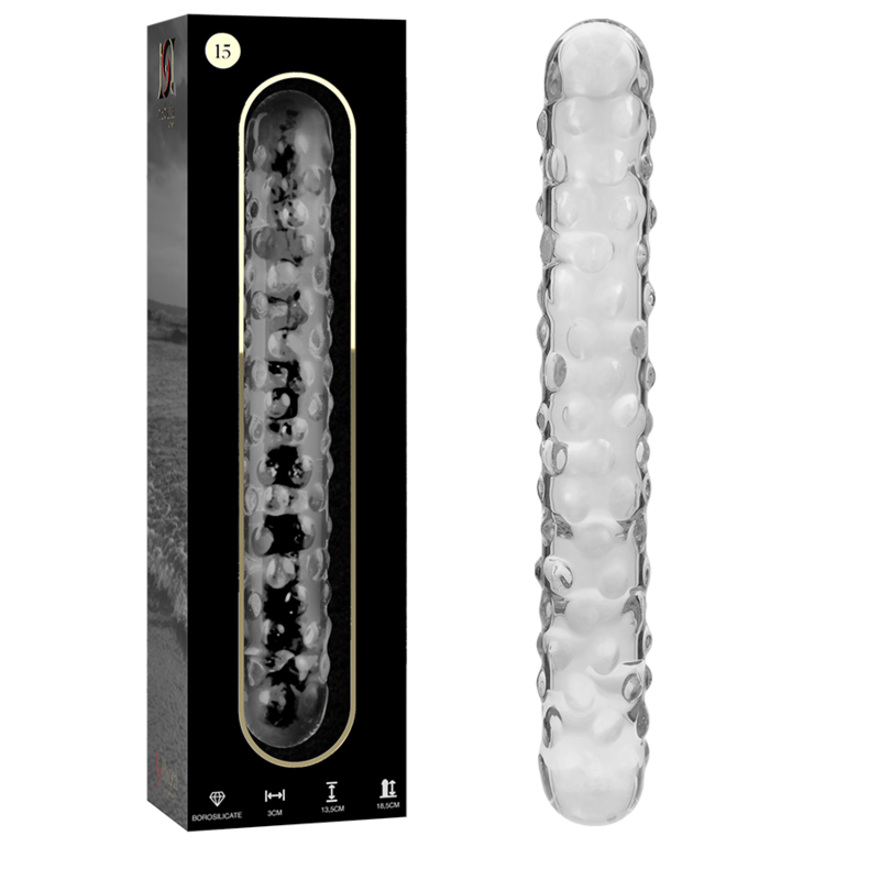 Boite noire et double gode en verre borosilicate transparent Nebula Series, tige texturee de picots en relief et embouts bombes, surface non poreuse facile a nettoyer.