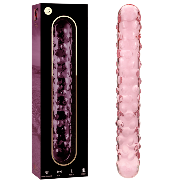 Boite violette et double gode en verre borosilicate rose Nebula Series de 18,5 cm, tige texturee de picots en relief et embouts bombes, vue face et profil, non poreux.