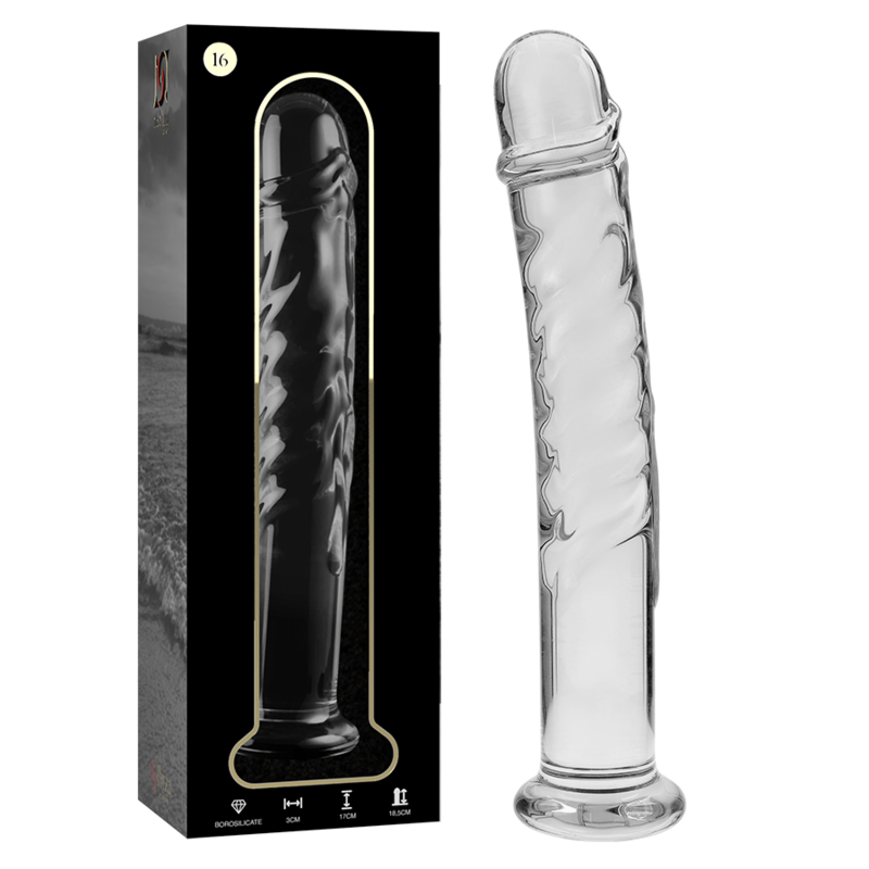 Boite noire et gode en verre borosilicate transparent Nebula Series de 18,5 cm, tete sculptee et fut strie, base evasee, vue face et profil, surface non poreuse hygienique.
