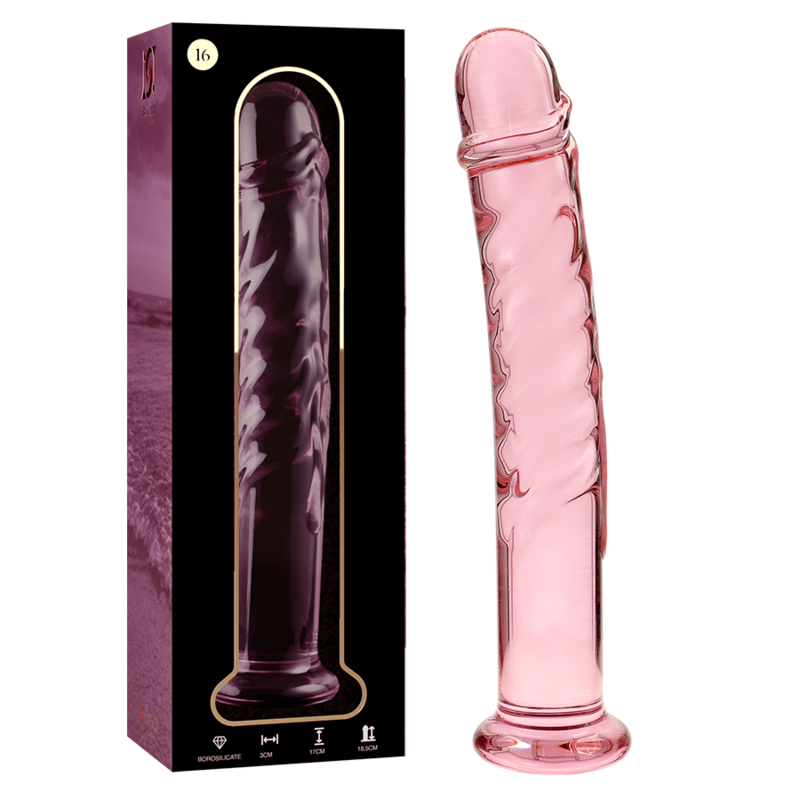 Boite et gode en verre borosilicate rose Nebula Series de 18,5 cm, tete sculptee et fut strie en relief, base evasee, vue face et profil, matiere non poreuse thermique.