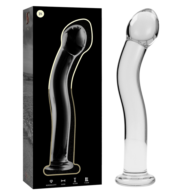 Coffret du gode en verre borosilicate Nebula Series et tige transparente a tete bombee ondulee, base evasee, sextoy lisse non poreux facile a nettoyer.