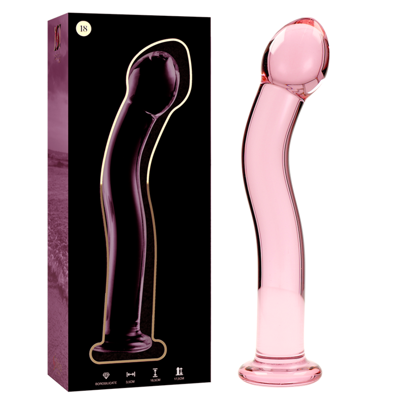 Coffret du gode en verre borosilicate Nebula Series et tige rose a tete bombee courbee, base evasee, matiere transparente non poreuse facile a nettoyer.
